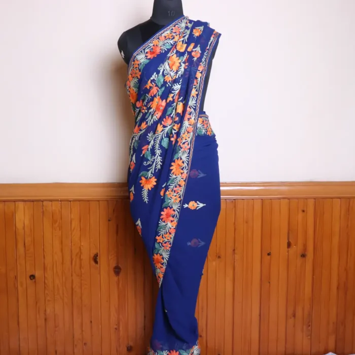 Midnight Blue Kashmiri Georgette Saree with Multicolor Aari Work Border and Bail Design on Pallu - Dal Jheel