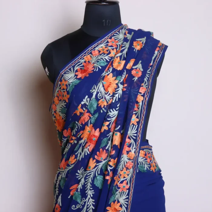 Midnight Blue Kashmiri Georgette Saree with Multicolor Aari Work Border and Bail Design on Pallu - Dal Jheel - Image 4