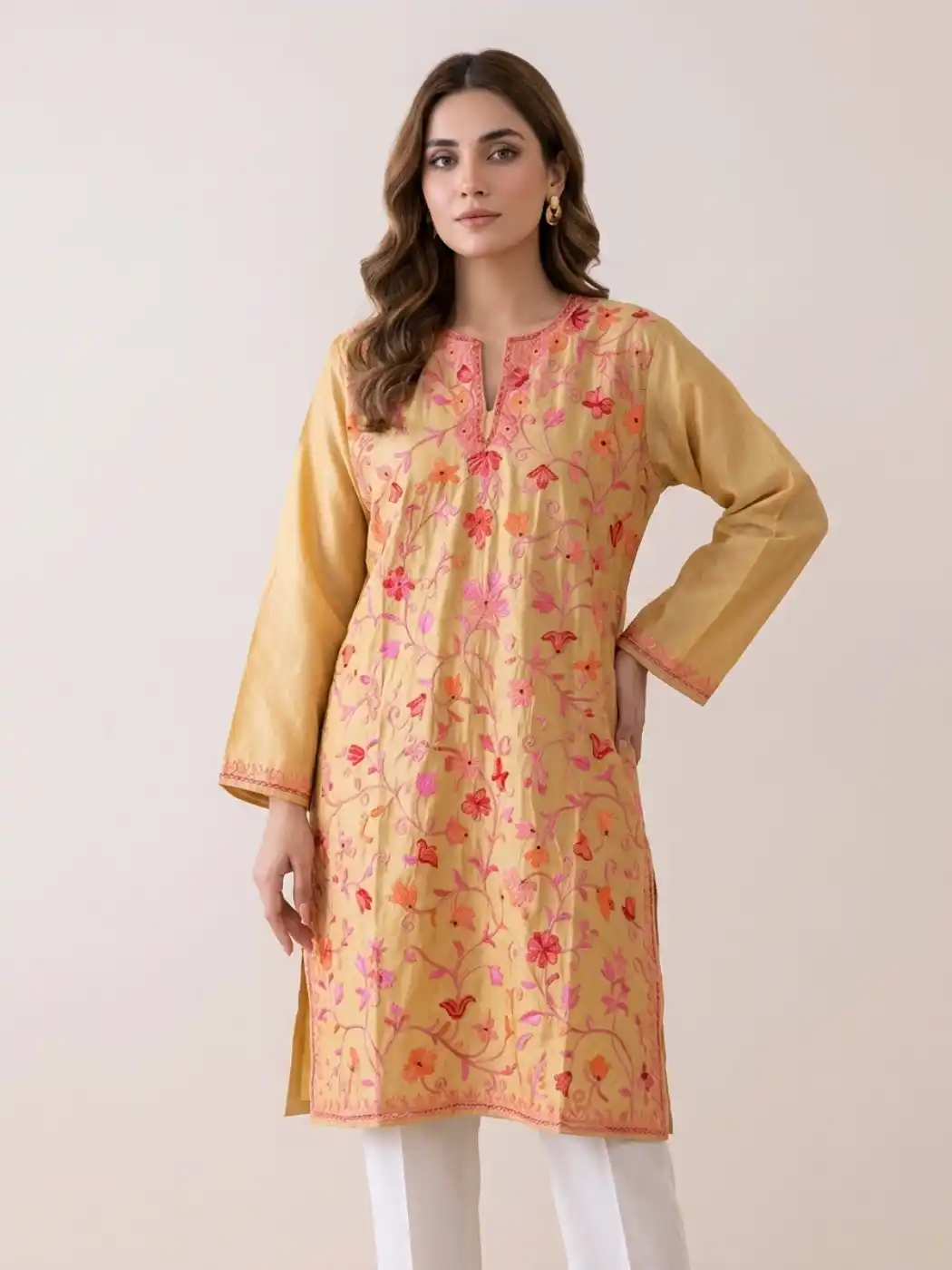 Mustard Color Women Silk Embroidered All Over Aari Work Kurti from Kashmir - Nowhatta Collection