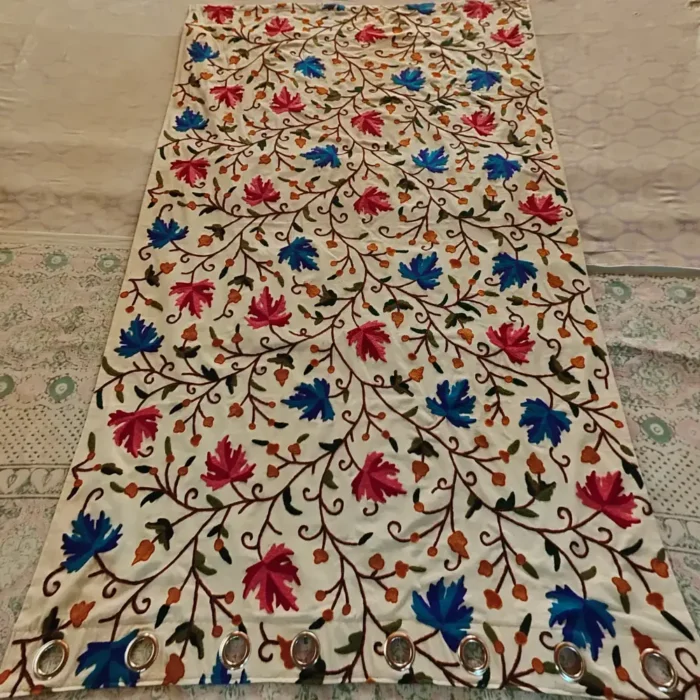 Blue Purple Leaf Handmade Crewel Curtain Including Lining and Rings - Image 7