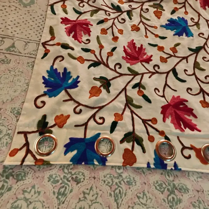 Blue Purple Leaf Handmade Crewel Curtain Including Lining and Rings - Image 8