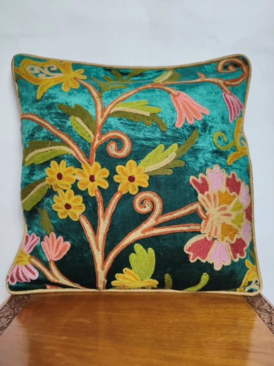 Green Velvet Cushion Cover With Crewel Embroidery from Kashmir