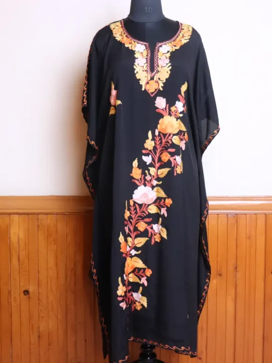 Black Long Summer Kashmiri Crepe Kaftan Dress with Aari Work Flowers for Summers - Jheel Dal