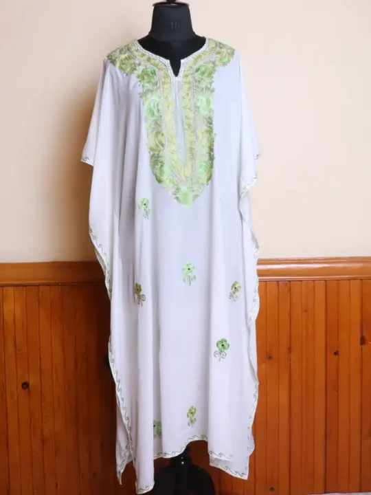 White Long Summer Kashmiri Crepe Kaftan Dress with Aari Work Flowers for Summers - Jheel Dal