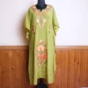 Green Long Summer Kashmiri Crepe Kaftan Dress with Aari Work Flowers for Summers - Jheel Dal