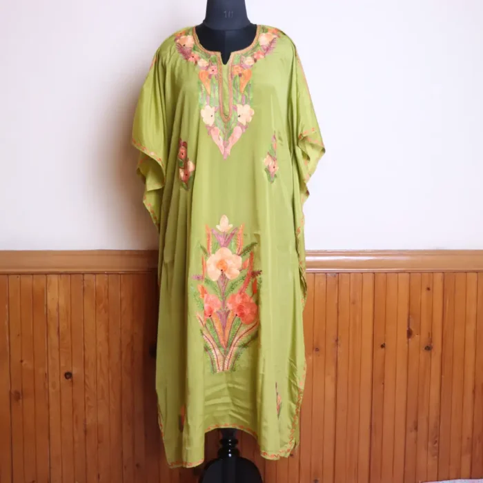 Green Long Summer Kashmiri Crepe Kaftan Dress with Aari Work Flowers for Summers - Jheel Dal