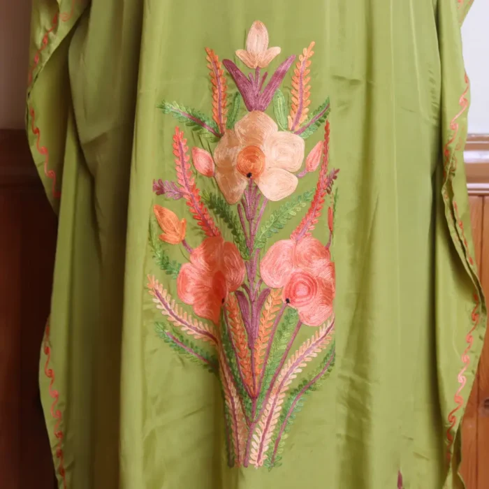 Green Long Summer Kashmiri Crepe Kaftan Dress with Aari Work Flowers for Summers - Jheel Dal - Image 2