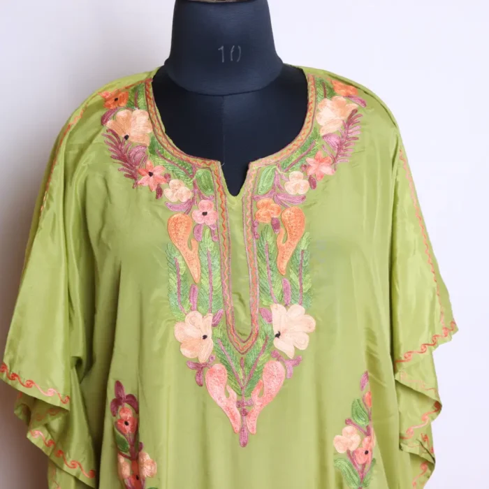 Green Long Summer Kashmiri Crepe Kaftan Dress with Aari Work Flowers for Summers - Jheel Dal - Image 3