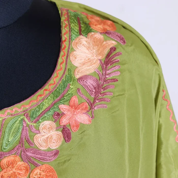 Green Long Summer Kashmiri Crepe Kaftan Dress with Aari Work Flowers for Summers - Jheel Dal - Image 4