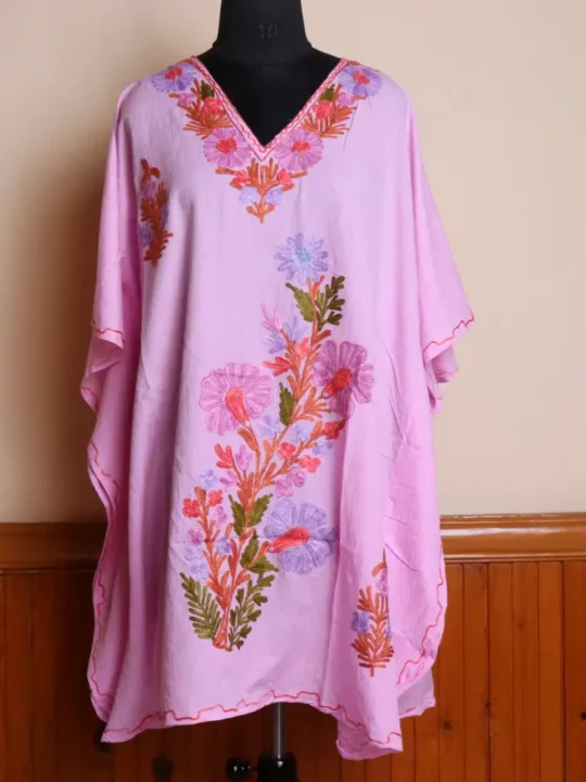 Pinkish Short Kashmiri Cotton Kaftan Top For Women with Aari Embroidered Flowers - Jheel Dal