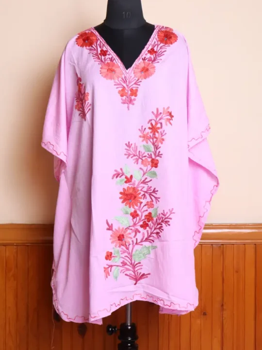 Elegent Pink Short Kashmiri Cotton Kaftan Top For Women with Aari Embroidered Flowers - Jheel Dal