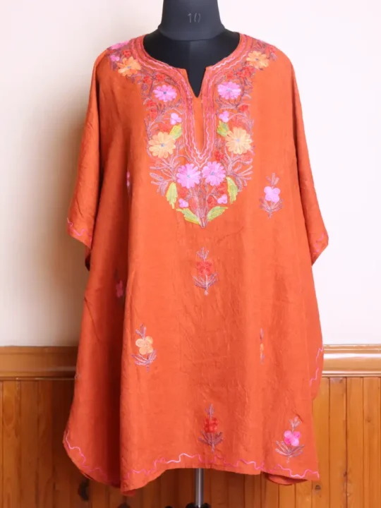 Short Rustic Red Kashmiri Cotton Kaftan Top For Women with Aari Embroidered Flowers - Jheel Dal