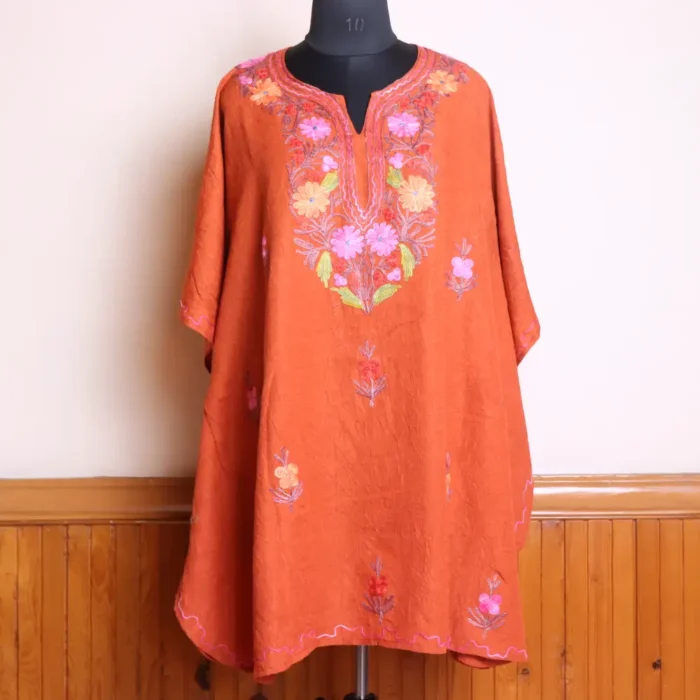 Short Rustic Red Kashmiri Cotton Kaftan Top For Women with Aari Embroidered Flowers - Jheel Dal