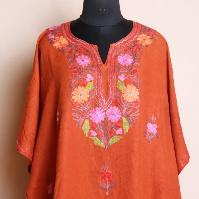 Short Rustic Red Kashmiri Cotton Kaftan Top For Women with Aari Embroidered Flowers - Jheel Dal - Image 2
