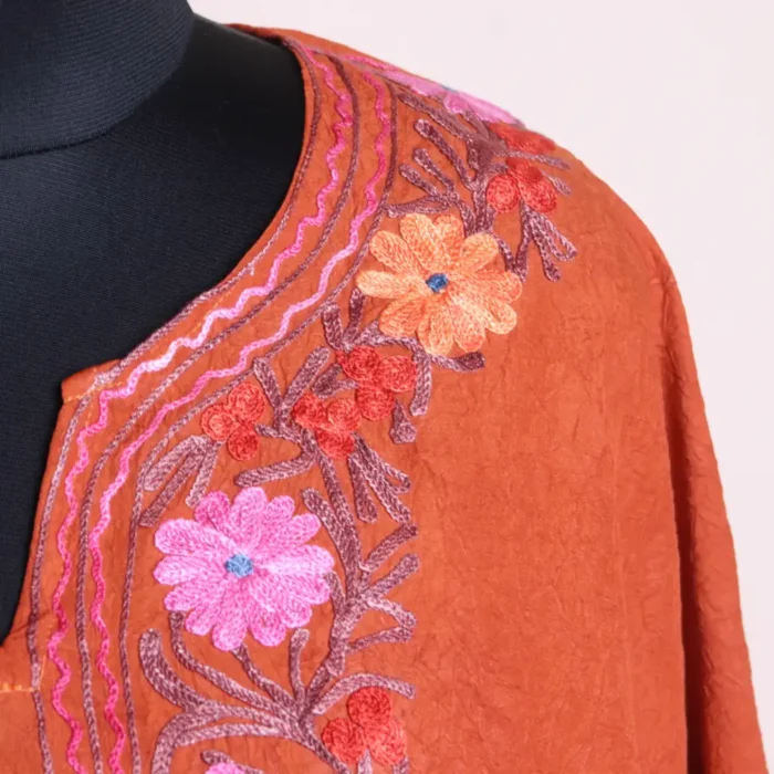 Short Rustic Red Kashmiri Cotton Kaftan Top For Women with Aari Embroidered Flowers - Jheel Dal - Image 3