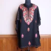 Elegent Short Kashmiri Black Cotton Kaftan Top For Women with Aari Embroidered Flowers - Jheel Dal