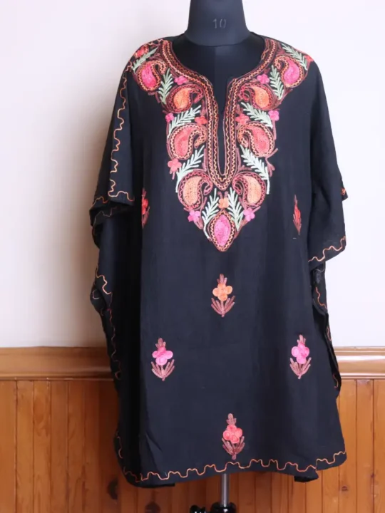 Elegent Short Kashmiri Black Cotton Kaftan Top For Women with Aari Embroidered Flowers - Jheel Dal