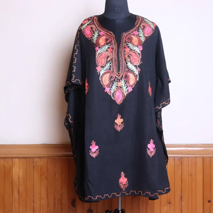Elegent Short Kashmiri Black Cotton Kaftan Top For Women with Aari Embroidered Flowers - Jheel Dal