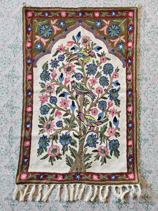 Exquisite Threadwork Chain Stitch Birds on Tree Wall Hanging (3x2 ft)
