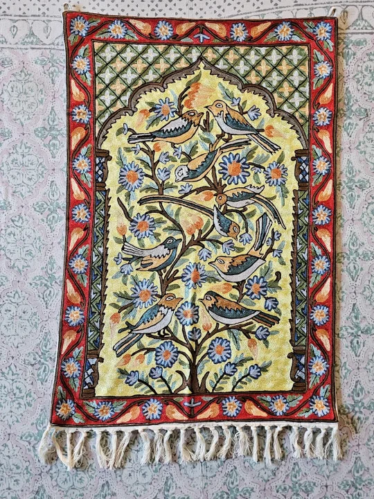 Majestic Bloom Chain Stitch Birds on Tree Design Wall Hanging (3x2 ft)