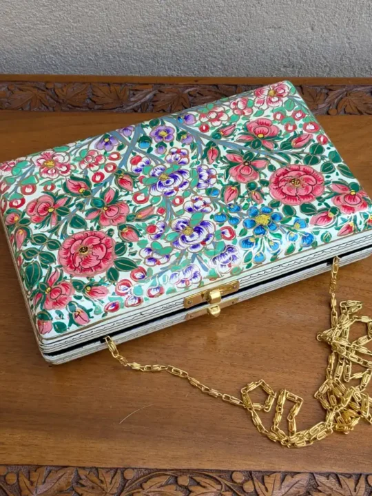 Elegant Rectangular Floral Clutch in Kashmiri Paper Machie