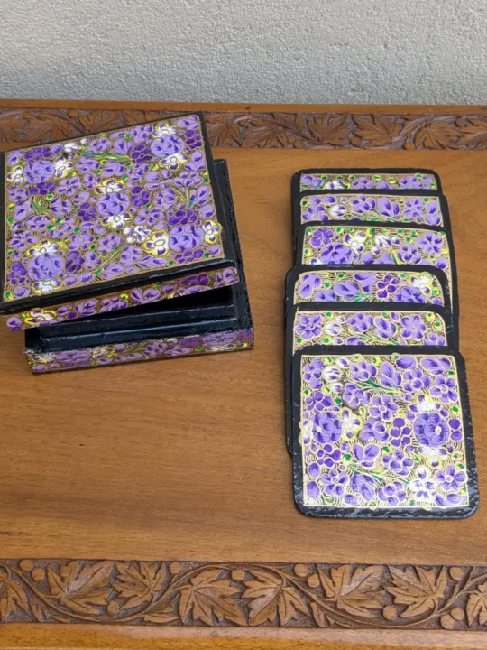 Hand-Painted Square Coaster Set in Kashmiri Paper Machie