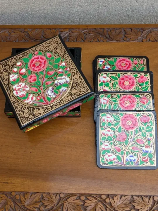 Kashmiri Paper Machie Coaster Set – Handcrafted with Artistic Detail