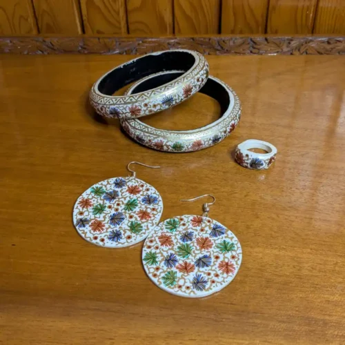 Handmade Paper Mache Jewelry Set - White | Circle Earrings, Rings, and Bangles