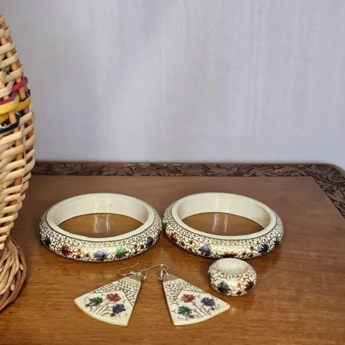 Handmade Paper Mache Jewelry Set - White | Circle Earrings, Rings, and Bangles - Image 4
