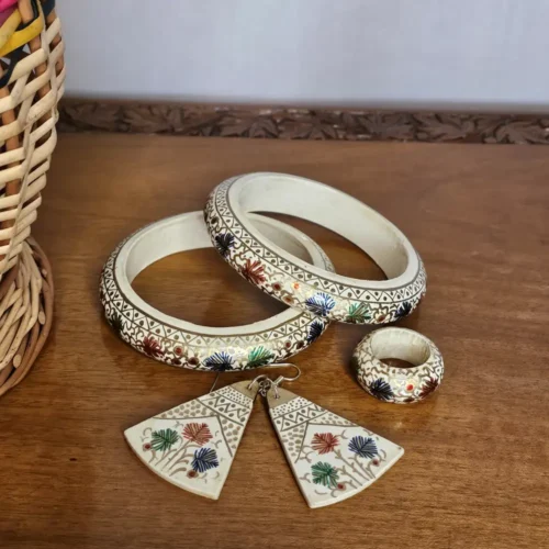 Handmade Paper Mache Jewelry Set - White | Circle Earrings, Rings, and Bangles