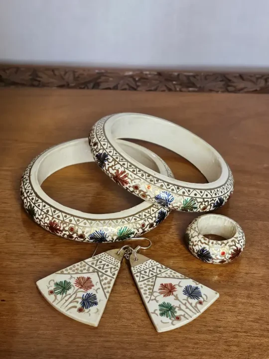 Handmade Paper Mache Jewelry Set - White | Circle Earrings, Rings, and Bangles