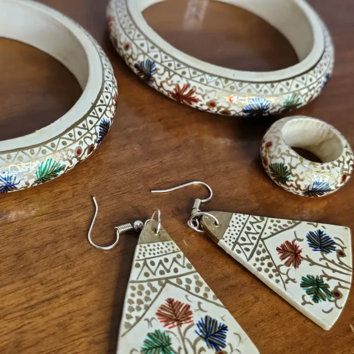 Handmade Paper Mache Jewelry Set - White | Circle Earrings, Rings, and Bangles - Image 2