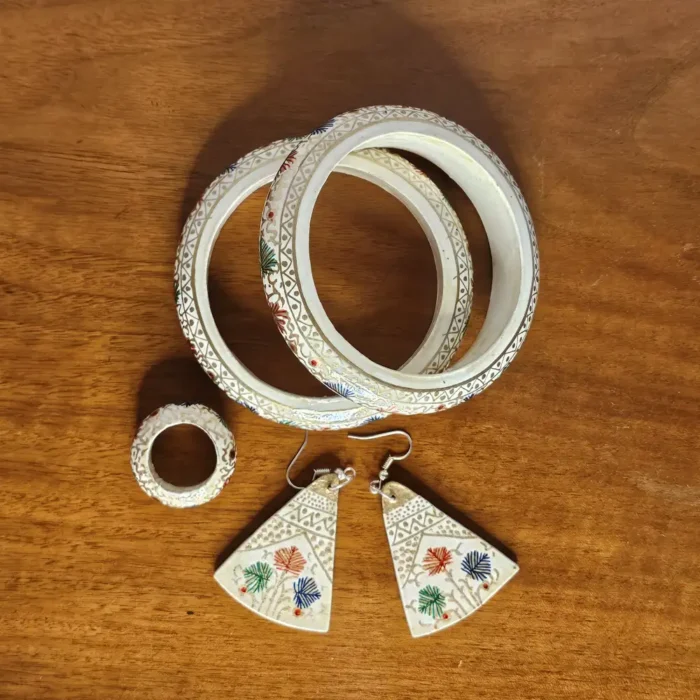 Handmade Paper Mache Jewelry Set - White | Circle Earrings, Rings, and Bangles - Image 3