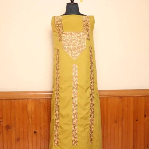 Kashmiri Aari Summer Cool 2pc Mustard Color Suit for Custom Tailoring | Dal Jheel Collection