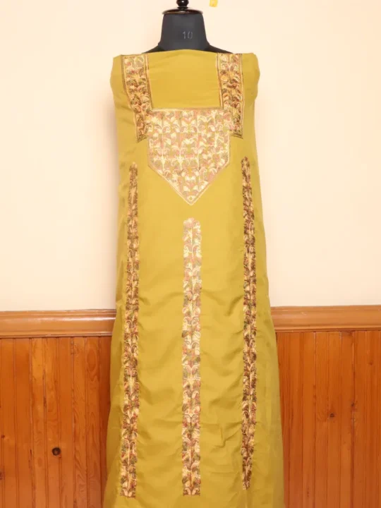 Kashmiri Aari Summer Cool 2pc Mustard Color Suit for Custom Tailoring | Dal Jheel Collection