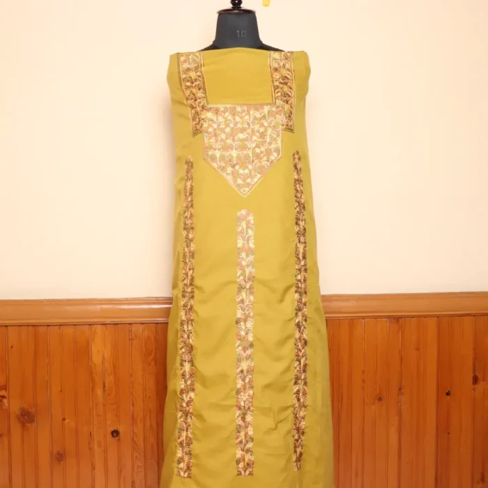 Kashmiri Aari Summer Cool 2pc Mustard Color Suit for Custom Tailoring | Dal Jheel Collection