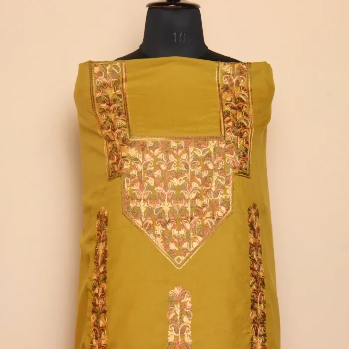 Kashmiri Aari Summer Cool 2pc Mustard Color Suit for Custom Tailoring | Dal Jheel Collection - Image 2