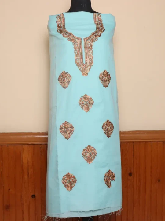 Kashmiri Baby Blue Summer Cool 2pc Suit with Traditional Aari Touch | Dal Jheel Collection