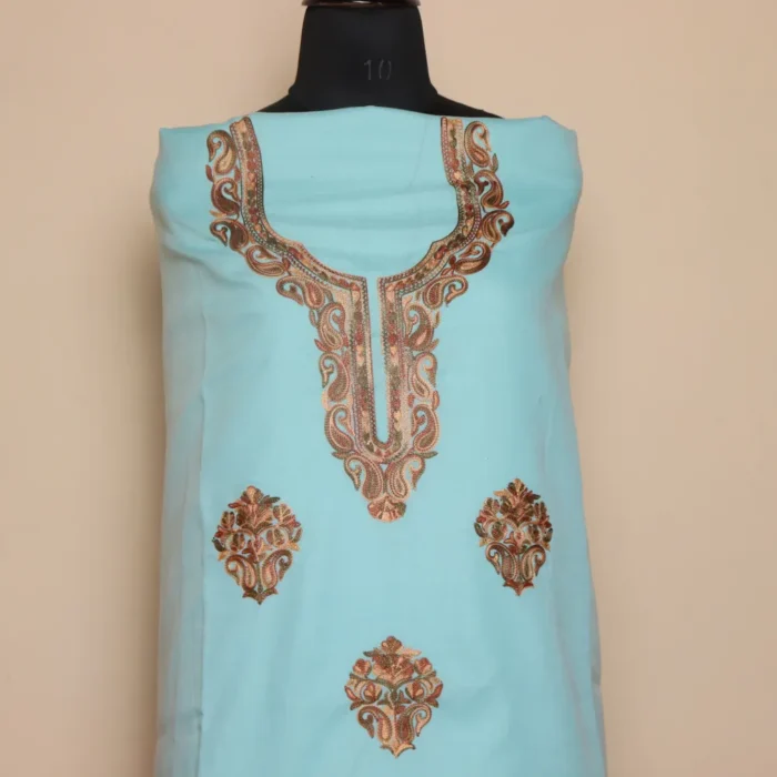 Kashmiri Baby Blue Summer Cool 2pc Suit with Traditional Aari Touch | Dal Jheel Collection - Image 2