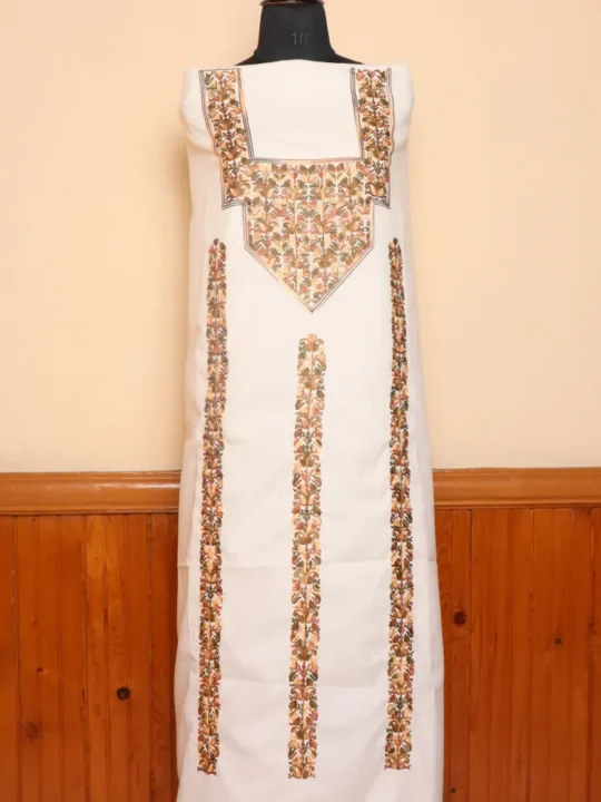 2pc White Summer Cool Aari Work Suit from Kashmir | Dal Jheel Collection