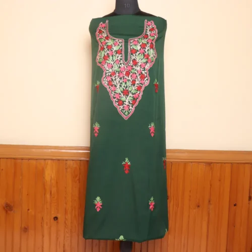 Breathable 2pc Dark Green Crepe Aari Suit from Srinagar | Dal Jheel Collection