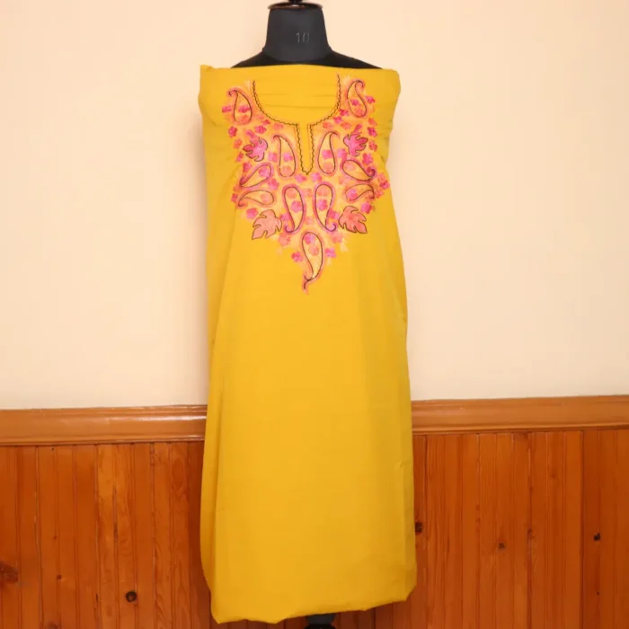 Elegant 2pc Mustard Color Aari Embroidered Crepe Suit | Dal Jheel Collection - Image 2