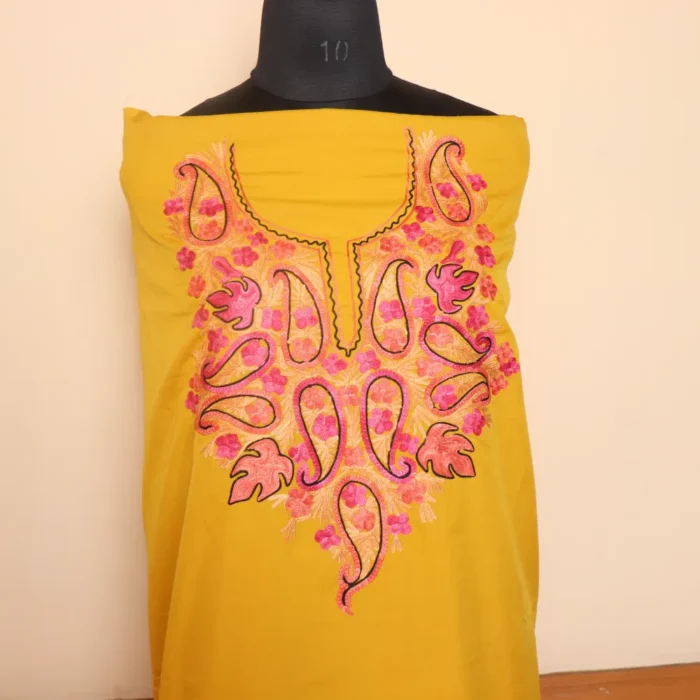 Elegant 2pc Mustard Color Aari Embroidered Crepe Suit | Dal Jheel Collection