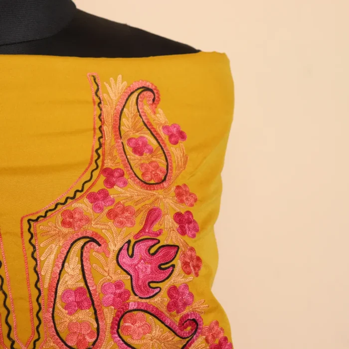 Elegant 2pc Mustard Color Aari Embroidered Crepe Suit | Dal Jheel Collection - Image 3