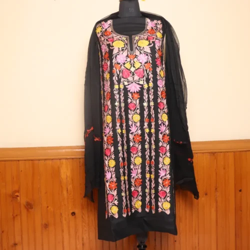 3PC Kashmiri Black Cotton Suit With Panel Aari Embroidery | Dal Jheel Collection