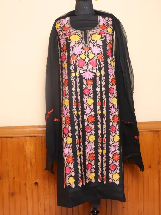 3PC Kashmiri Black Cotton Suit With Panel Aari Embroidery | Dal Jheel Collection