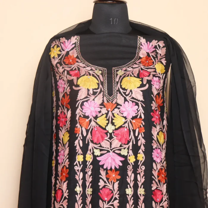 3PC Kashmiri Black Cotton Suit With Panel Aari Embroidery | Dal Jheel Collection - Image 2