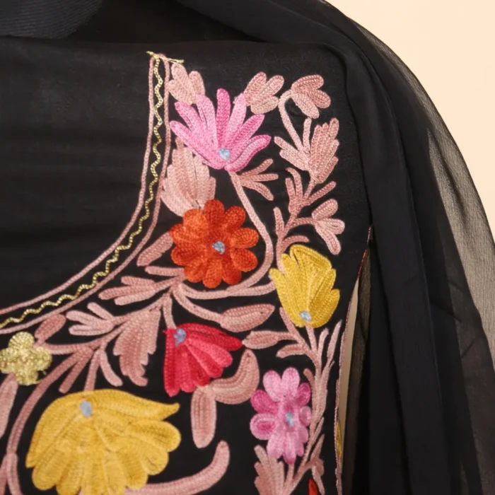 3PC Kashmiri Black Cotton Suit With Panel Aari Embroidery | Dal Jheel Collection - Image 3