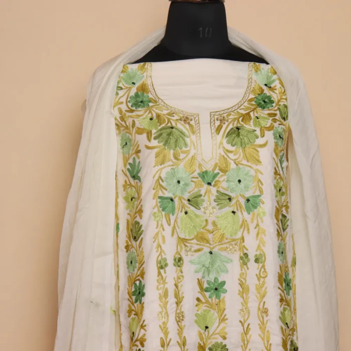 3PC Kashmiri White Cotton Suit With Panel Aari Embroidery | Dal Jheel Collection - Image 2