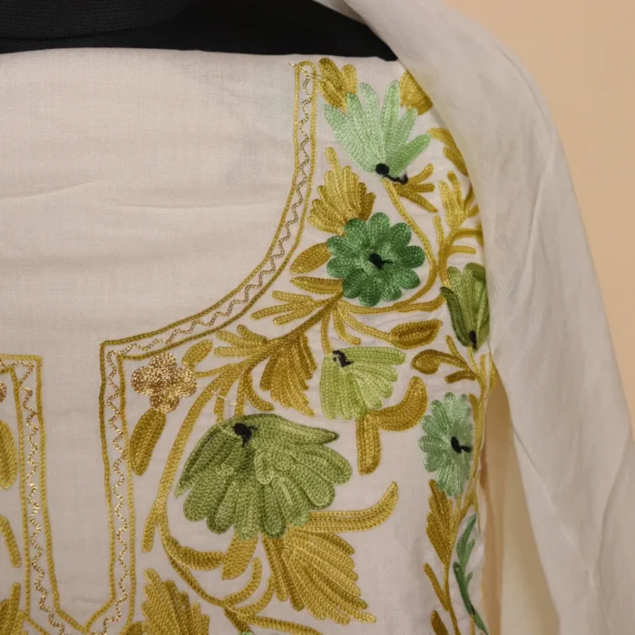 3PC Kashmiri White Cotton Suit With Panel Aari Embroidery | Dal Jheel Collection - Image 3